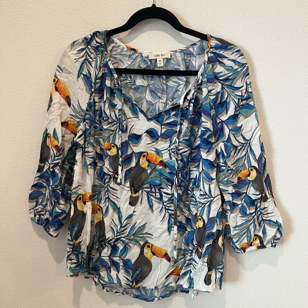Women’s Toucan Print Blouse Shirt Medium Floral Tropical Vacation Casual Summer